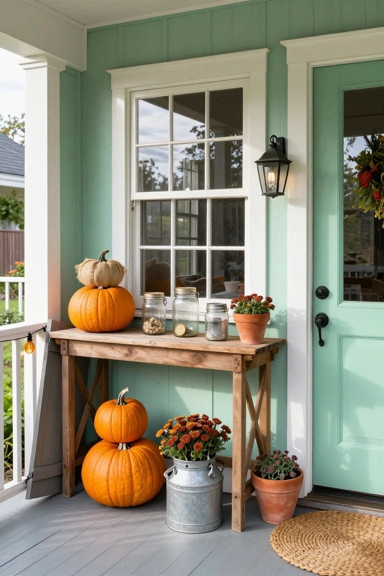 Mint green front porch with white trim and teal door, wooden console table holding stacked pumpkins, glass jars, and potted mums, additional pumpkins and plants on the gray deck near a seagrass rug.