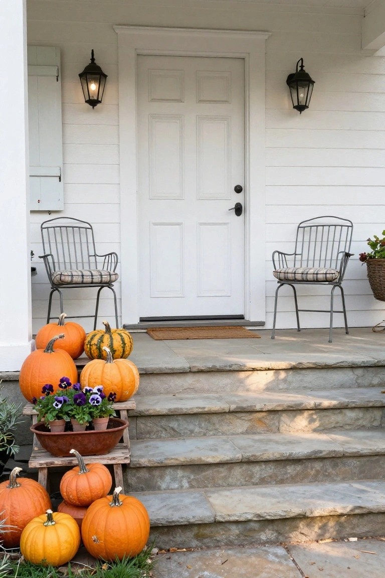 White clapboard house front porch with gray stone steps lined by clusters of orange pumpkins and potted purple flowers, flanked by two metal chairs with cushions, lanterns on walls, and a white door.