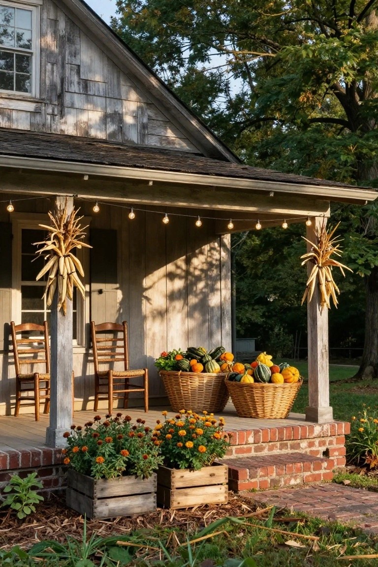 Rustic white wood front porch with gray shingle roof, string lights, cornstalk decorations on posts, two wooden chairs, two wicker baskets overflowing with pumpkins and gourds, wooden planter boxes of marigolds, brick steps, and fall trees in background.