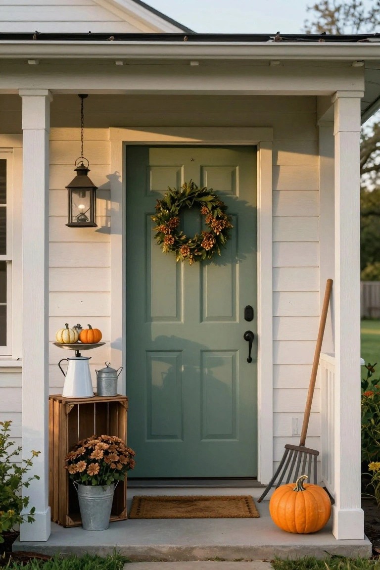 White clapboard house front porch with sage green door, autumn wreath, hanging lantern, wooden crate holding galvanized bucket of flowers and metal containers with pumpkins, rake leaning nearby, and a large pumpkin on the step.