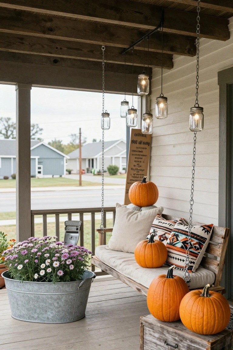 Front porch with a wooden swing piled with white and patterned pillows and orange pumpkins, hanging mason jar lights from the ceiling beams, a wooden crate holding pumpkins, and a large galvanized bucket planted with purple flowers.