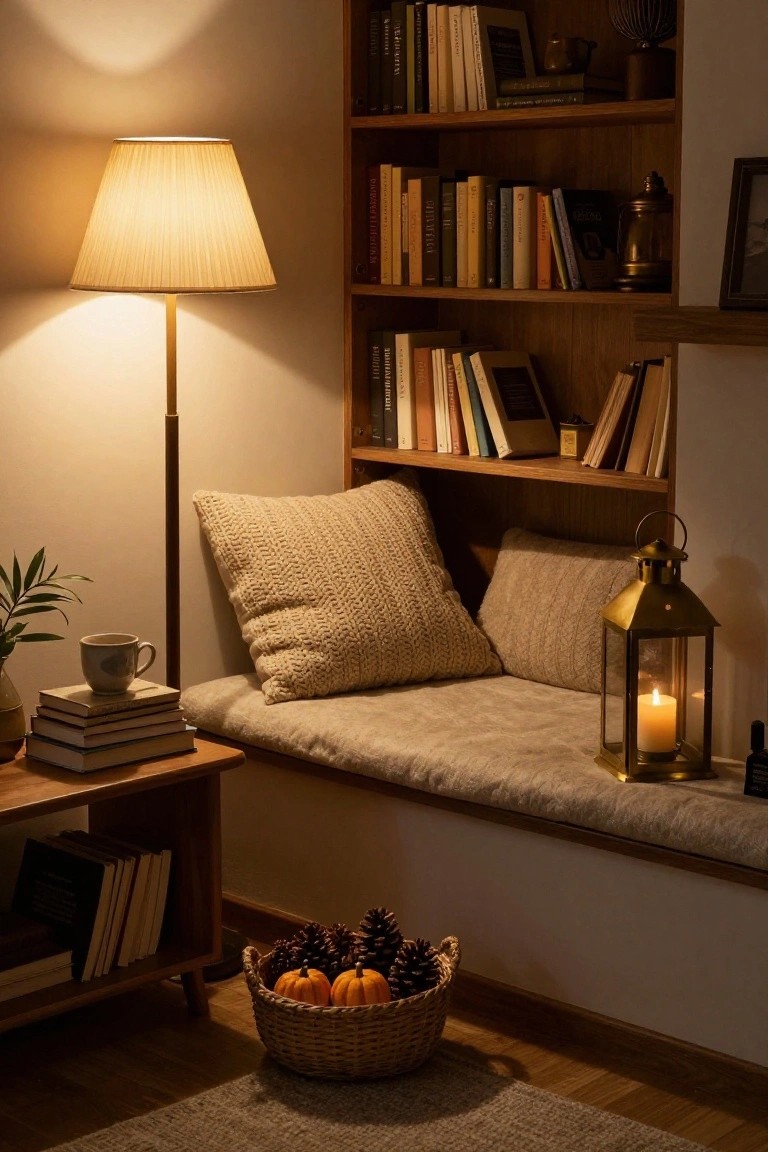 Cozy indoor corner reading nook with wooden built-in bookshelves, beige cushioned window seat with knitted pillows, tall floor lamp with fabric shade, side table holding stacked books and teacup, brass lantern candle, basket of pumpkins and pinecones, potted plant, and area rug on wooden floor.
