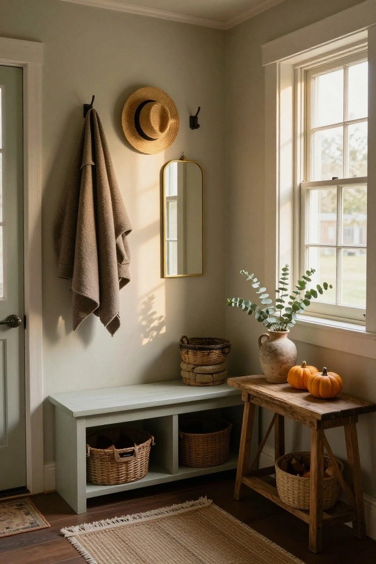 Entryway corner with sage green bench having wicker basket storage cubbies, wooden side table holding small pumpkins and basket, hanging towel and straw hat on hooks, gold mirror, eucalyptus vase by window.