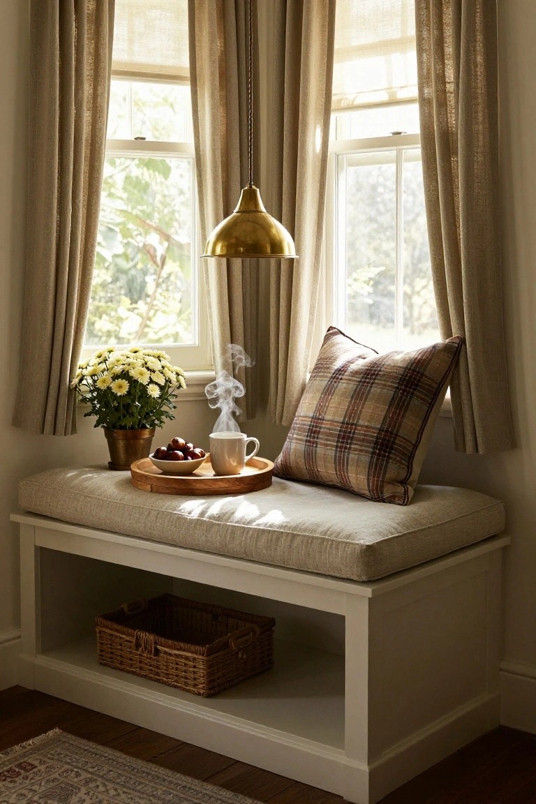 Built-in beige window bench with cushion and plaid pillow, wooden tray of chestnuts and steaming white teacup, potted white daisies, brass pendant light, linen curtains on multipane windows, wicker basket in bench storage below.