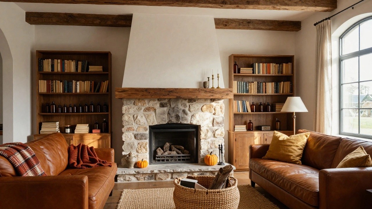 Living room interior with rustic stone fireplace and thick wood mantel holding small pumpkins, glass bottles, and candlesticks, tan leather sofa with orange pillows and plaid throw, exposed wood beam ceiling, bookshelves, and window with sheer curtains.