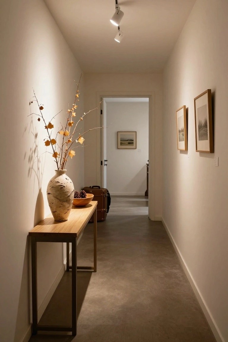 Narrow beige hallway with light wood console table holding birch vase with dried branches and yellow leaves, pinecones, wooden bowl with nuts, leather suitcase, framed landscape paintings on walls, open door ahead, polished concrete floor, spotlights overhead.