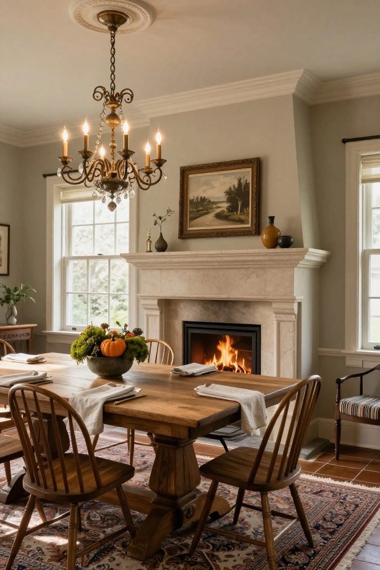 Dining room with wooden trestle table holding a mossy pumpkin centerpiece, lit gas fireplace in stone surround, brass candelabra chandelier, wooden ladderback chairs, and large windows.