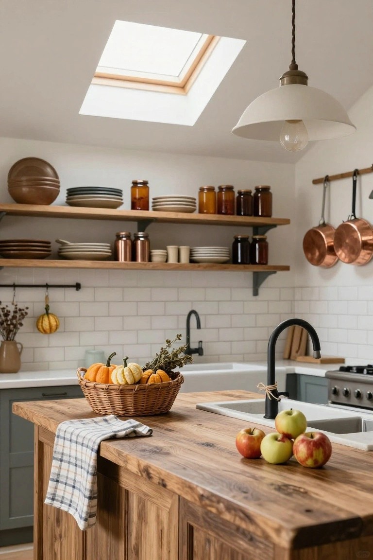 A rustic wooden kitchen island topped with a wicker basket of pumpkins and apples next to a checkered towel, in a kitchen with open wood shelves, white subway tile backsplash, copper pots, and a black faucet over a white sink.