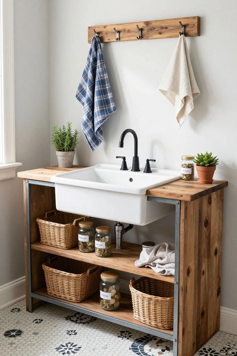 Bathroom featuring a wood-topped metal-frame vanity with white farmhouse sink, open lower shelves holding wicker baskets and labeled glass jars, potted plants on the counter, towels on hooks above, and black hex tile floor.