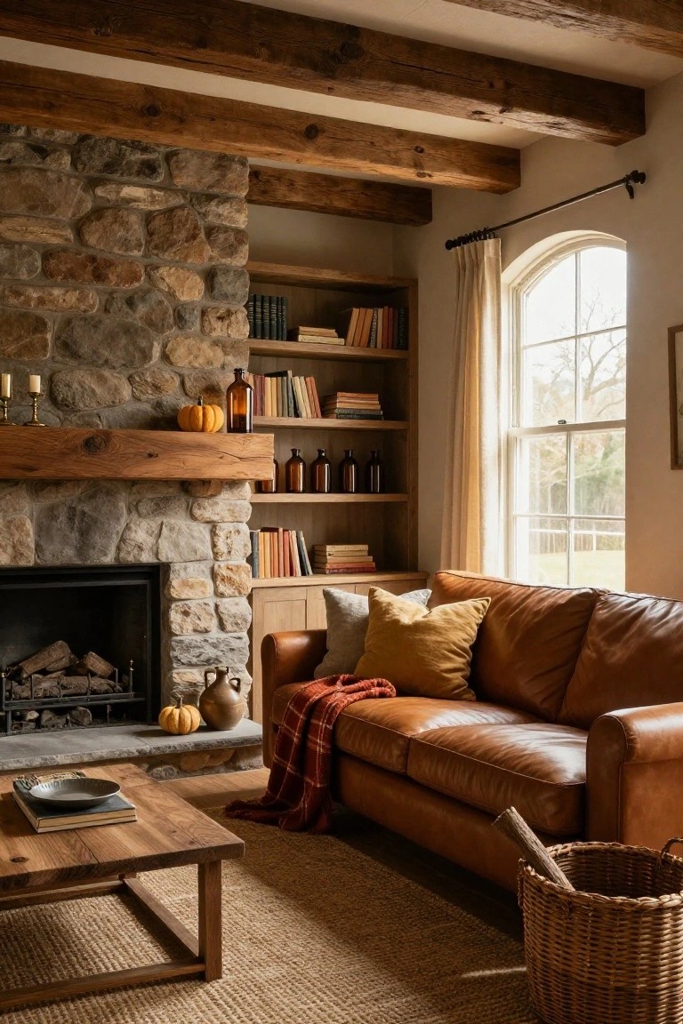 Living room interior with rustic stone fireplace and thick wood mantel holding small pumpkins, glass bottles, and candlesticks, tan leather sofa with orange pillows and plaid throw, exposed wood beam ceiling, bookshelves, and window with sheer curtains.