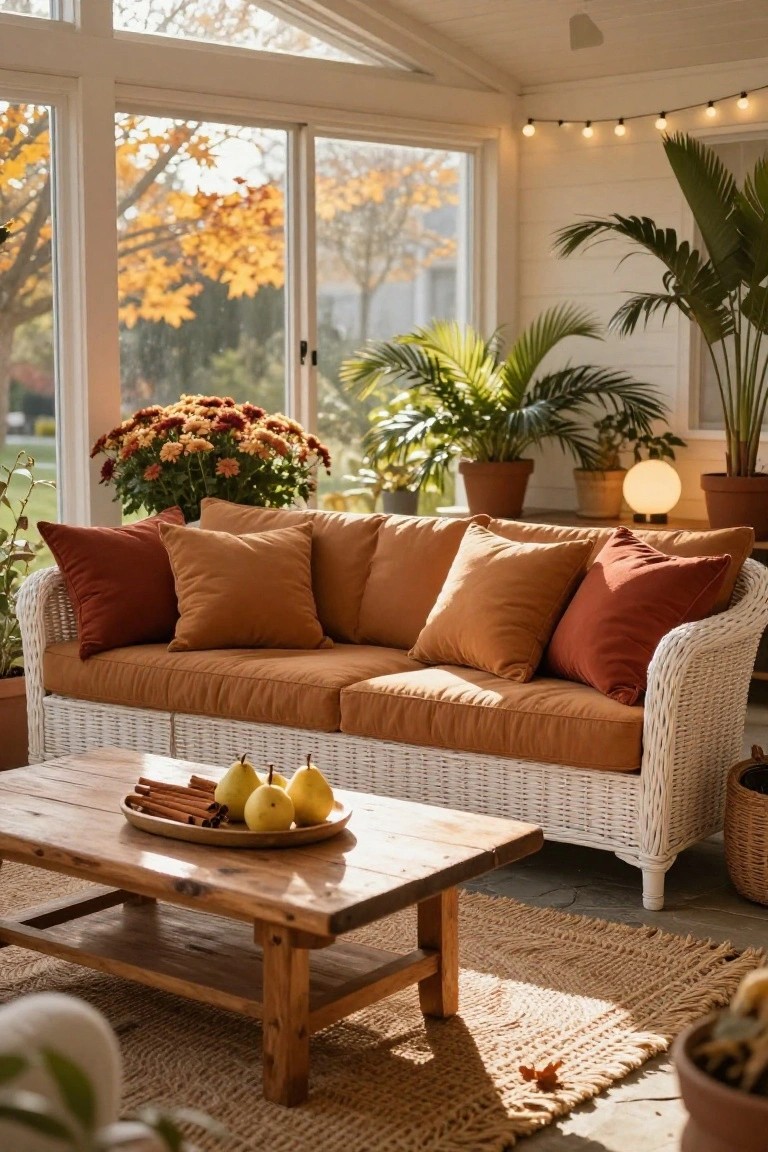 Sunroom featuring a white wicker sofa with rust and orange cushions, a wooden coffee table with pears and cinnamon sticks, potted plants, string lights, and large windows showing fall trees outside.