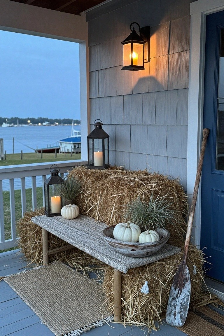 Front porch corner featuring stacked hay bales with a gray seagrass bench on top holding white pumpkins in a bowl, flanked by black lanterns with candles, near a blue door and gray shingled wall overlooking a lake at dusk.