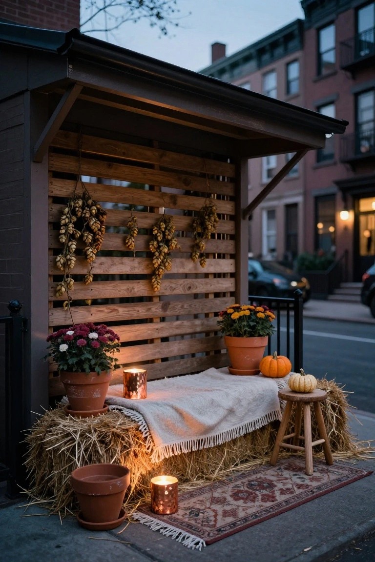 Front porch corner with stacked hay bales covered by a white blanket and a small wooden stool, surrounded by terracotta pots with plants and pumpkins, hanging dried hops on a wooden slat wall, and copper candles on a dark street at dusk.