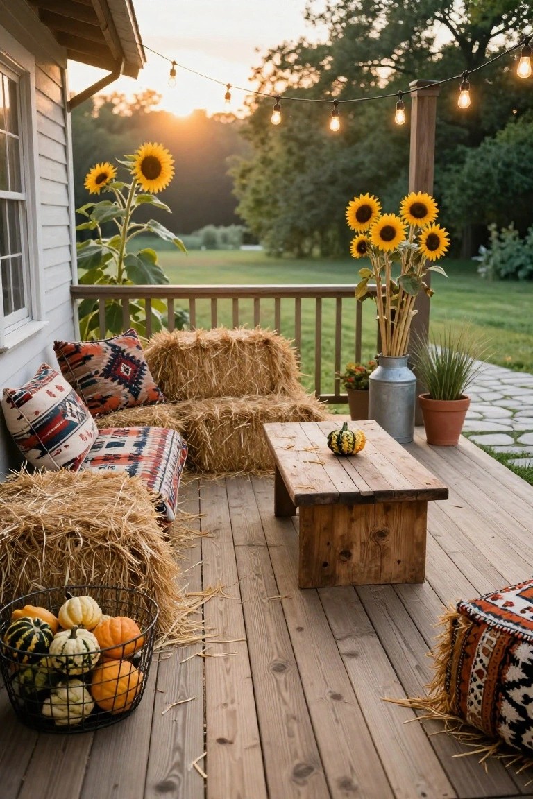 Wooden deck porch featuring hay bale seating with colorful patterned pillows, a low wooden table topped with a squash, a basket of pumpkins and gourds, potted plants, sunflowers, string lights, and a white house wall in the background at sunset.