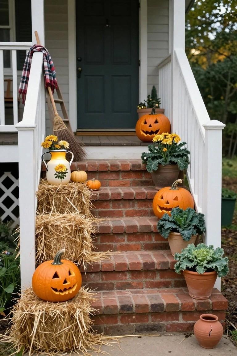 Front porch brick steps flanked by stacked hay bales with carved pumpkins on top, potted fall flowers and kale on steps, green door, broom, and autumn decorations.