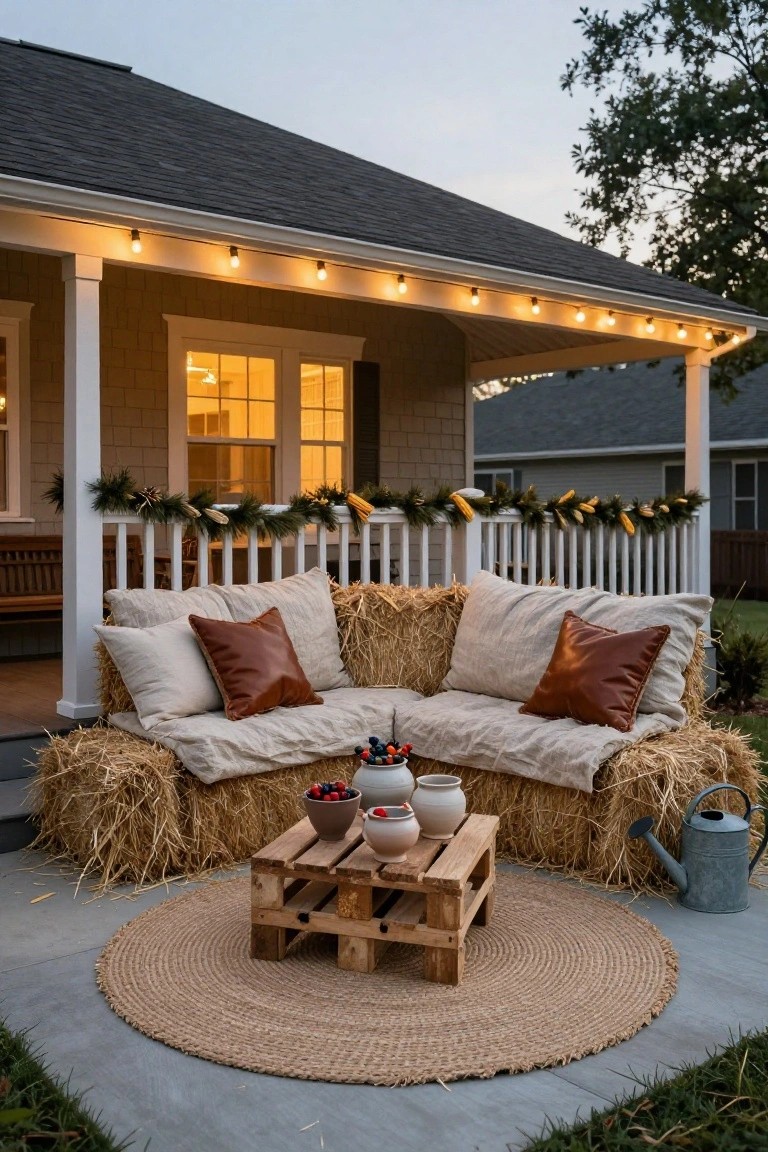 Front porch corner featuring L-shaped sofa made from hay bales with beige linen cushions and brown leather pillows, wooden pallet table with pottery bowls of berries and watering can, fall garlands on white railings, and string lights overhead.