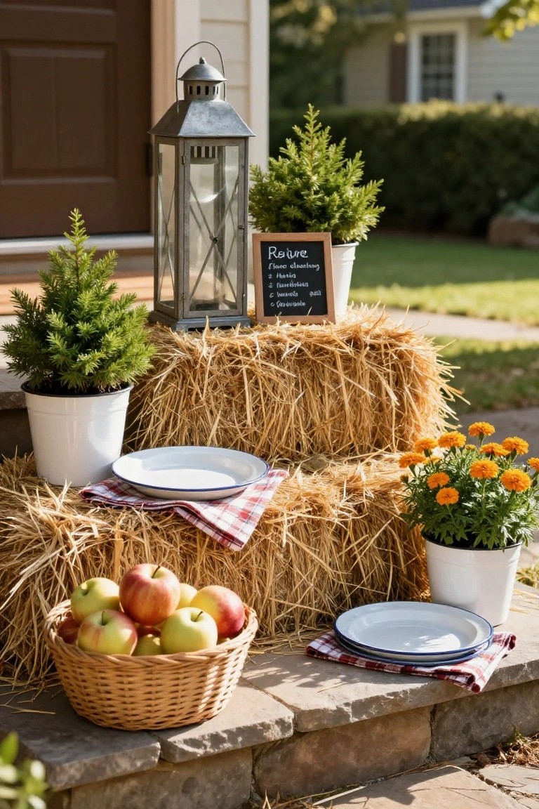 Front porch steps with three stacked hay bales topped with white plates on red-and-white checkered cloths, a wicker basket of red apples, potted fir trees and marigolds, a metal lantern, and a chalkboard sign reading "Harvest" next to a beige house door.