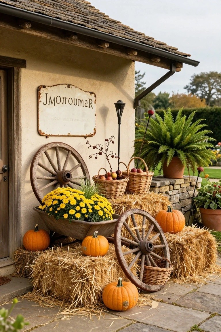 Rustic stucco house exterior with a "J'Morroumar" sign, featuring stacked hay bales supporting wooden wagon wheels filled with yellow mums and pumpkins, plus additional pumpkins, apple baskets, potted ferns, and a lantern near the front door.
