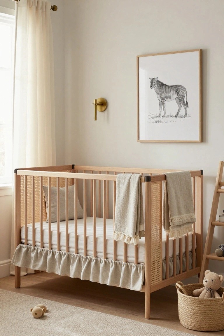Light wooden crib with cane side panels draped in neutral fringed blankets, in a beige nursery room featuring sheer curtains, a zebra line drawing in a frame, a brass wall light, wooden toys, and a seagrass basket with a teddy bear on light wood floors.