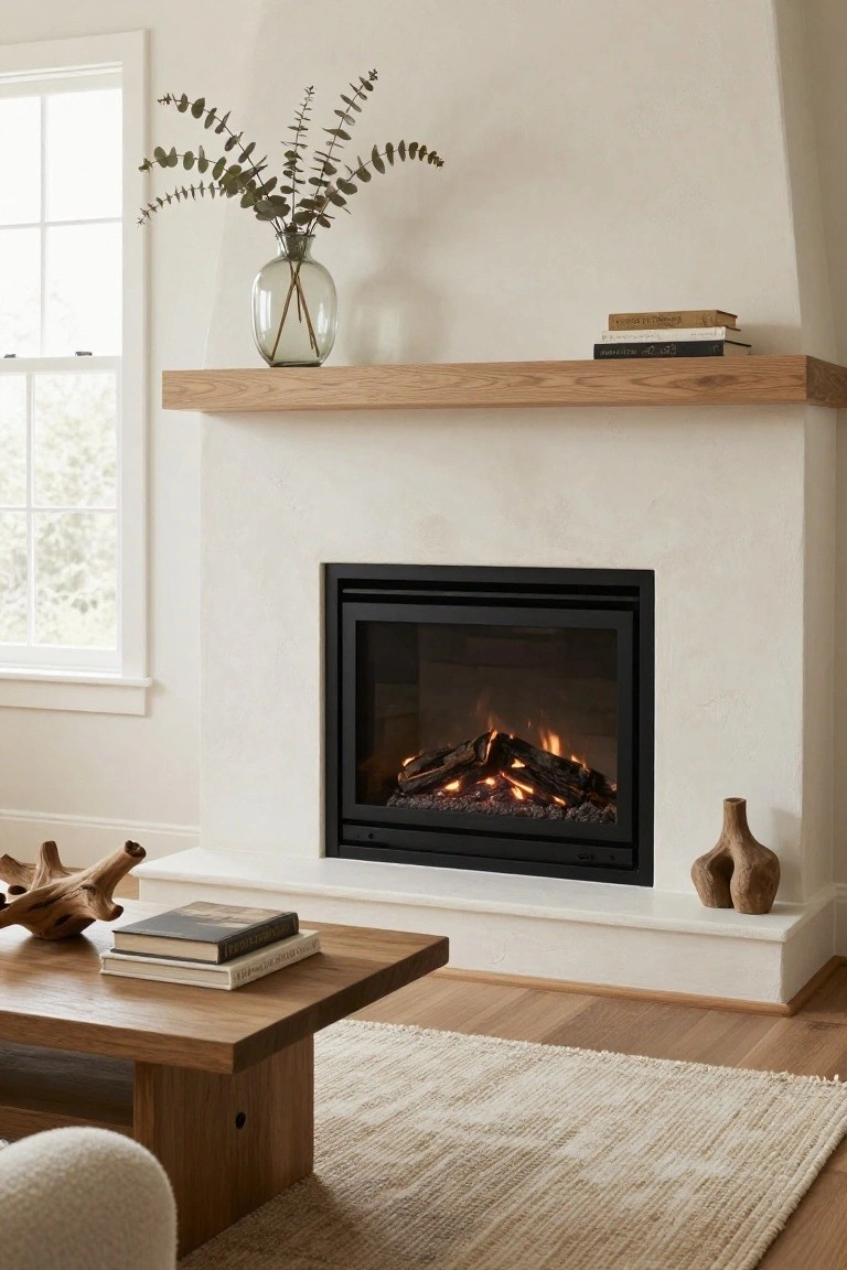 A living room with a white plaster gas fireplace, oak wood mantel holding a glass vase of eucalyptus branches and stacked books, wood sculptures on the hearth, wooden coffee table with books, neutral rug, and window nearby.