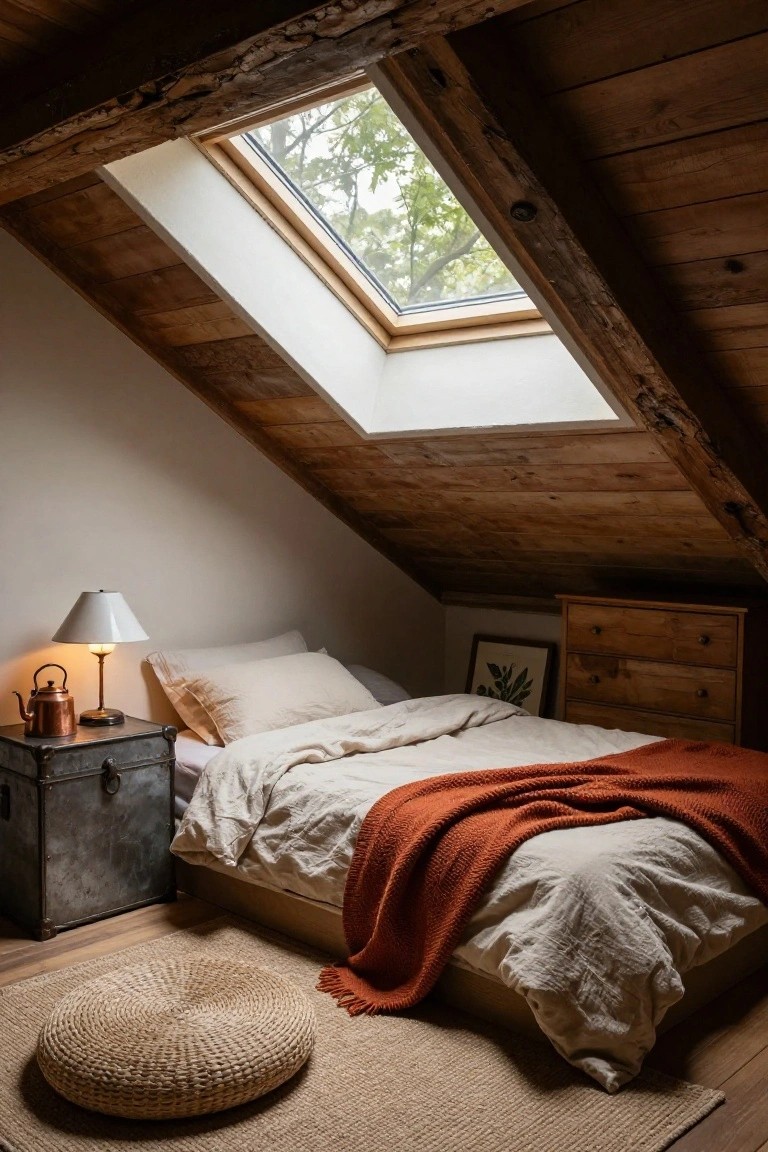 Attic bedroom with sloped ceiling of exposed wooden beams, skylight window, low wooden platform bed covered in white linens and orange knit throw, metal-trunk nightstand with lamp and copper kettle, wooden dresser, rattan pouf on seagrass rug.