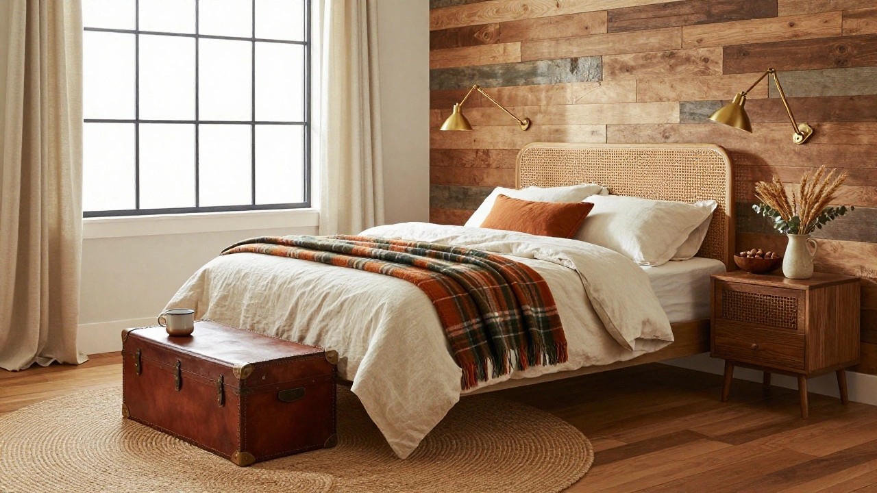 Bedroom with textured reclaimed wood plank accent wall behind rattan headboard bed dressed in white linens and orange plaid throw, wood nightstand holding vase and bowl, leather trunk at foot of bed, jute rug on wood floor, and window with sheer curtains.