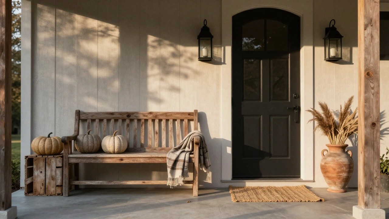 Front porch featuring a black paneled door flanked by lanterns, tall pampas grass in terracotta vase, two terracotta pots with pumpkins, rustic wooden bench with plaid throw and clustered white and orange pumpkins, seagrass rug on concrete step, white siding, wooden porch post, autumn lighting.