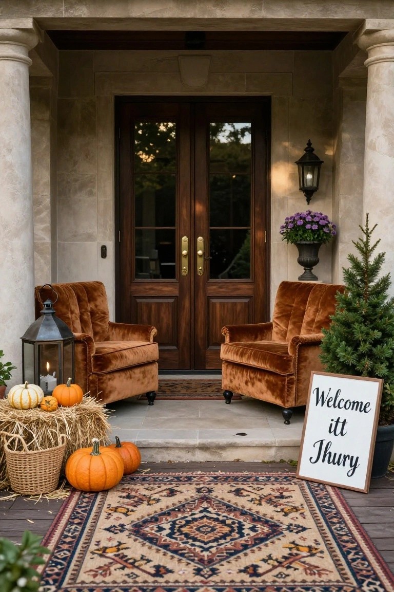 Large front porch with beige stone columns and double wood-framed glass doors, rust velvet armchairs on each side, hay bales with pumpkins and basket, lanterns with candles, small fir tree, potted purple flowers, lantern light fixture, patterned rug, and wooden welcome sign.