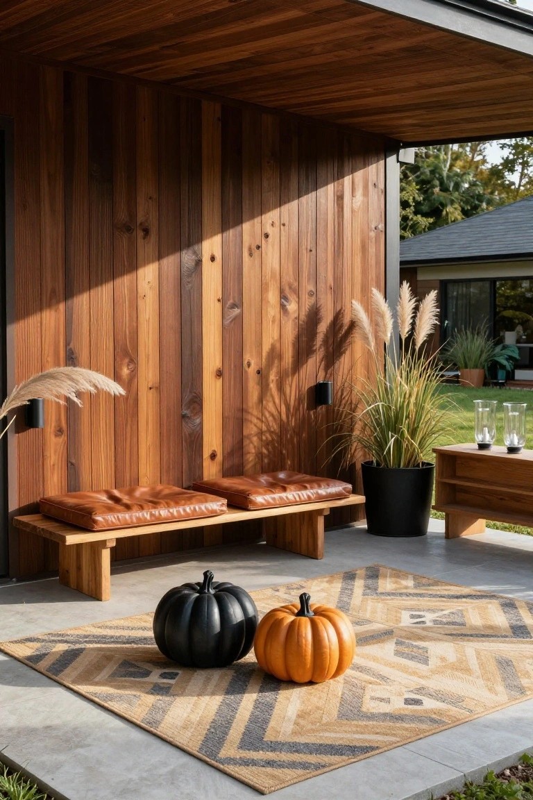 Covered wooden porch with vertical wood walls, leather cushions on a wooden bench, black potted pampas grass plants, geometric beige and gray outdoor rug with black and orange pumpkins on it, wooden side table, and glass candle holders nearby.