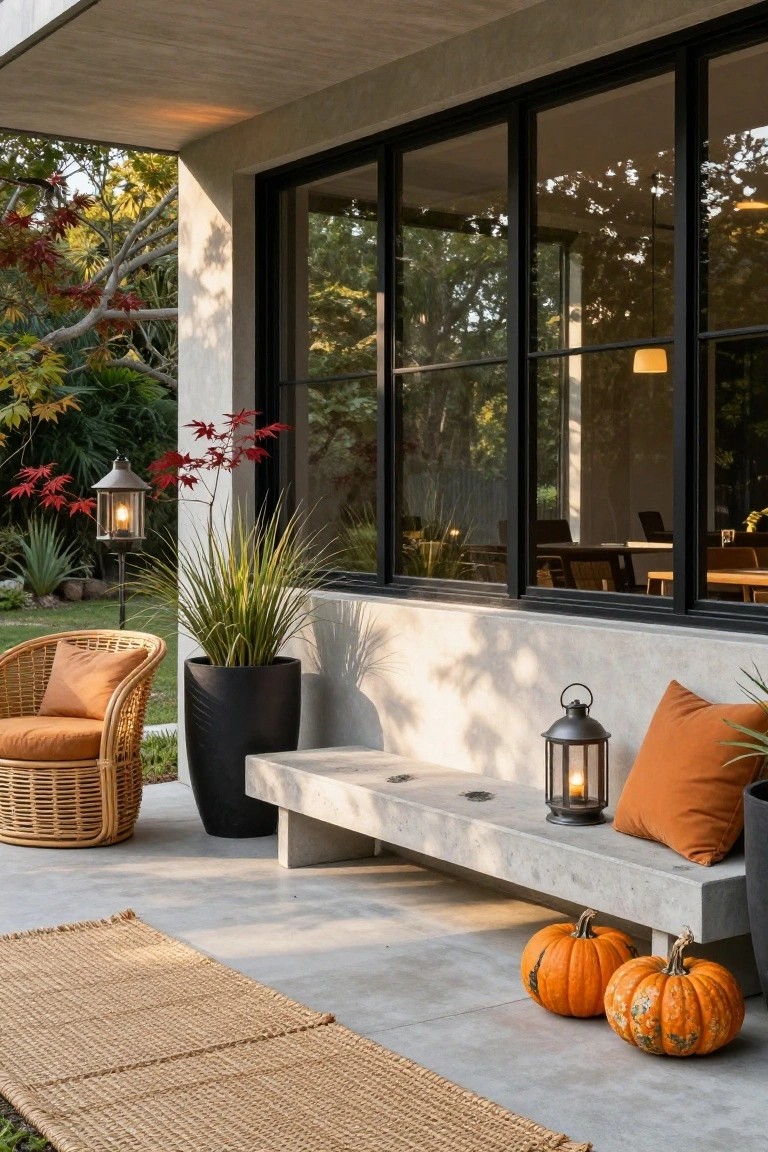 Front porch with long concrete bench against wall under overhang, orange cushions and pillows on bench, rattan chair nearby, potted grasses and agaves, lanterns, pumpkins on floor, woven rug, large black-framed windows, and garden view.