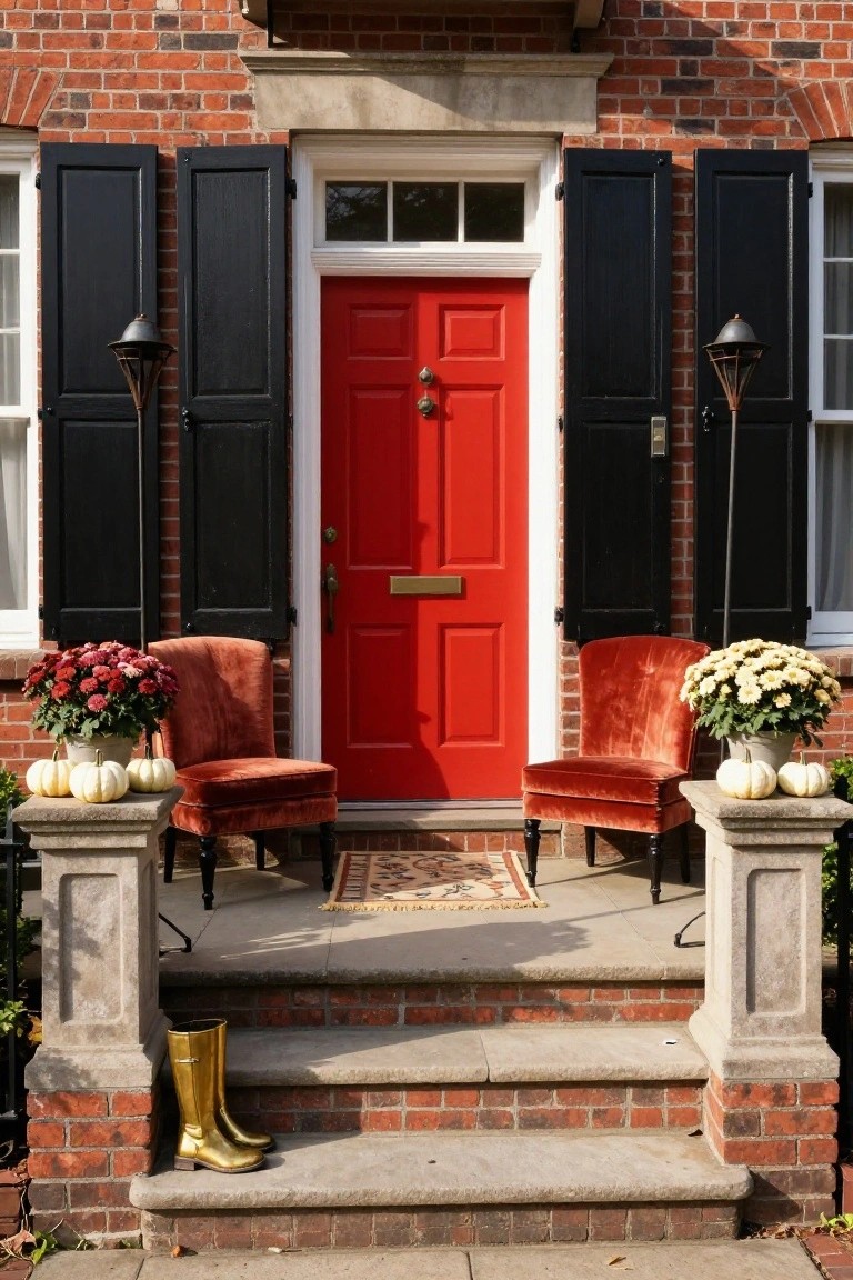 Brick house front porch with red door and black shutters, two rust-colored velvet armchairs flanking stone steps, pedestals holding potted mums and white pumpkins beside the chairs, and gold rain boots on the steps.