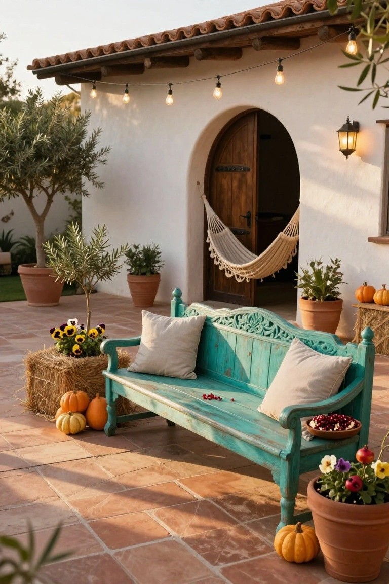 Turquoise carved wooden bench with white pillows on a terracotta tile porch in front of a white stucco house with arched door, hammock hanging nearby, surrounded by potted olive trees, plants, hay bales, and pumpkins under string lights.