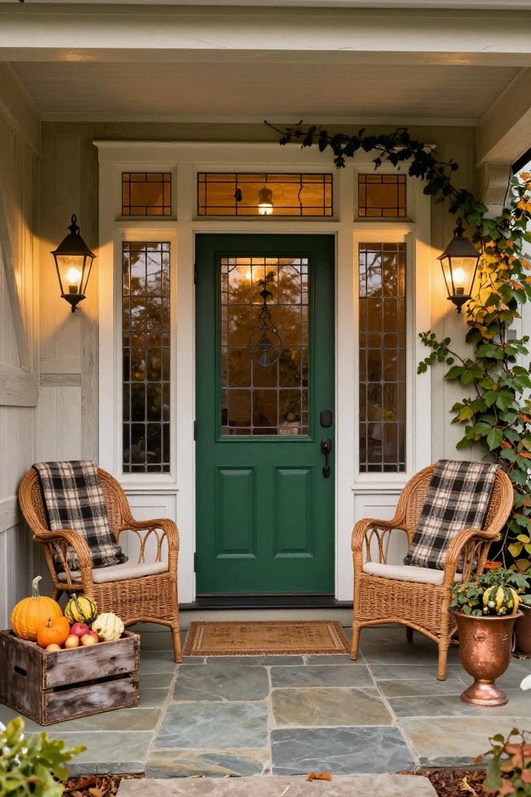 Front porch with green paneled door and stained glass sidelights, flanked by two wicker armchairs draped in plaid blankets, a wooden crate of pumpkins and squash beside one chair, lanterns on wall brackets, ivy climbing siding, and stone paver floor.