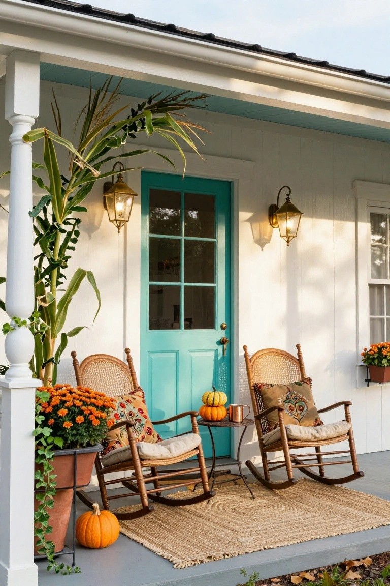 White clapboard house with turquoise six-paneled front door on covered porch, tall cornstalks in pot beside porch column with potted orange mums, two wicker rocking chairs with patterned pillows around small metal table with pumpkins and mug, wall lanterns, seagrass rug on concrete porch floor.