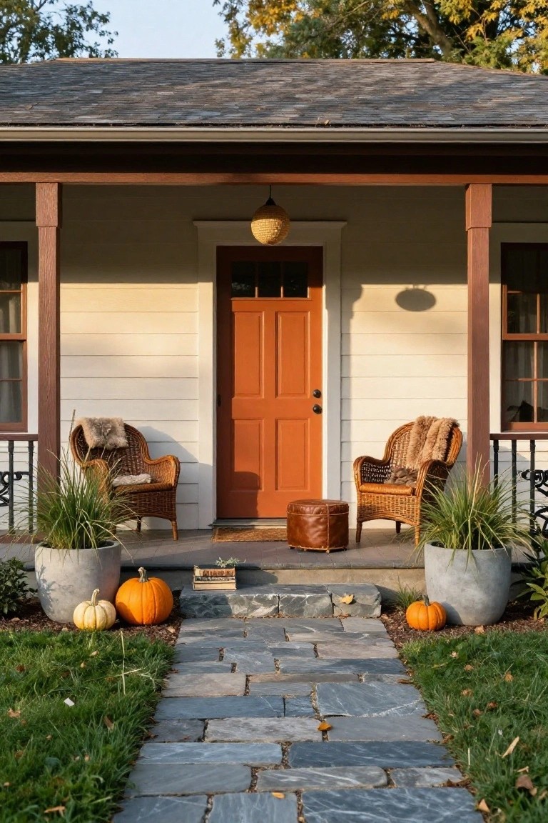 Beige house with covered front porch displaying two wicker chairs with fur throws, a round leather ottoman, potted grasses, small pumpkins, and a stone pathway leading to the red front door amid fall foliage.