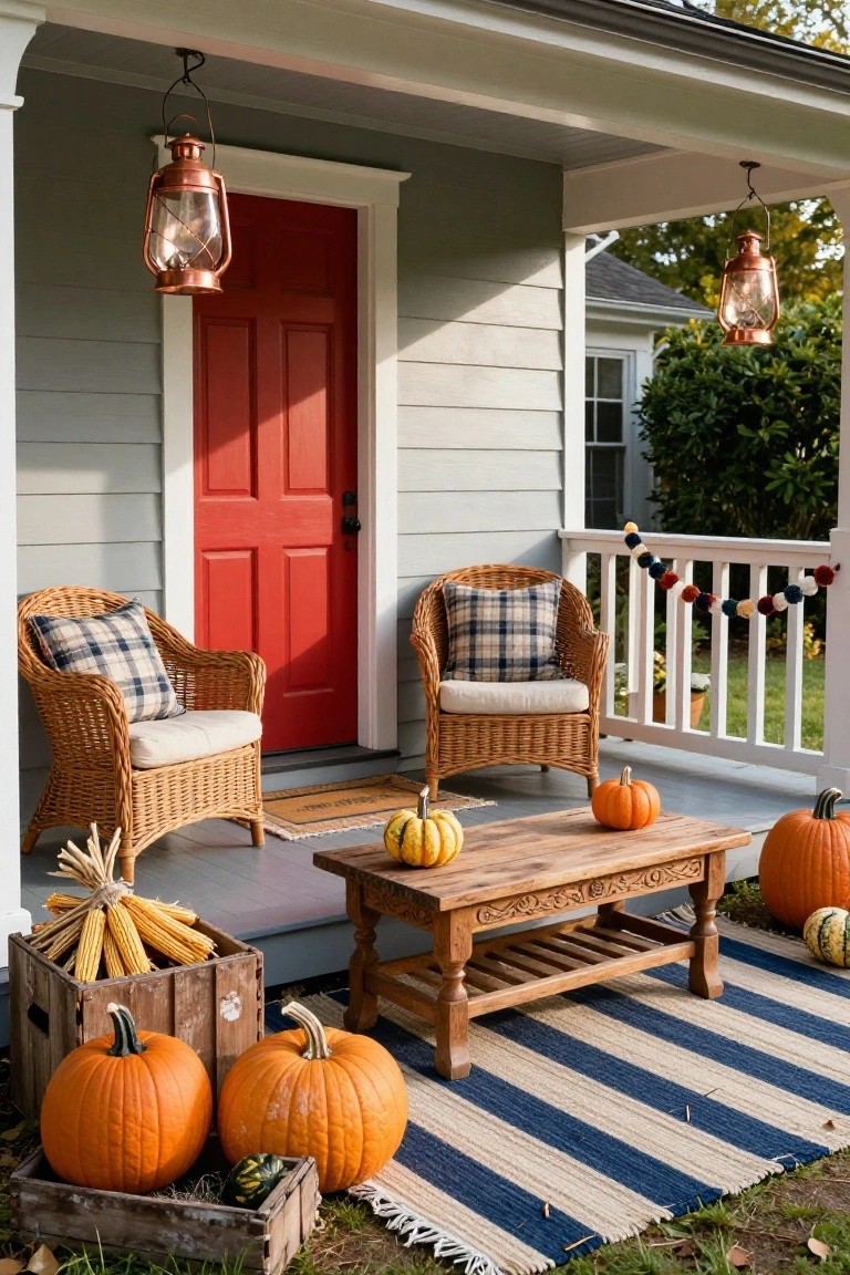 Front porch of gray shingled house with red door, flanked by two wicker armchairs with plaid pillows, wooden coffee table with small pumpkins, crate of cornstalks and larger pumpkins nearby, hanging copper lanterns, fall garland on white railing, striped outdoor rug.