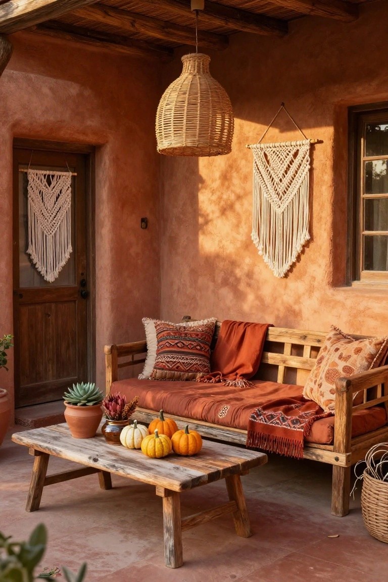Covered terracotta porch with wooden bench topped by patterned cushions and orange throw, low wooden table holding small orange and white pumpkins, macrame wall hangings, potted succulents, and a woven basket nearby.