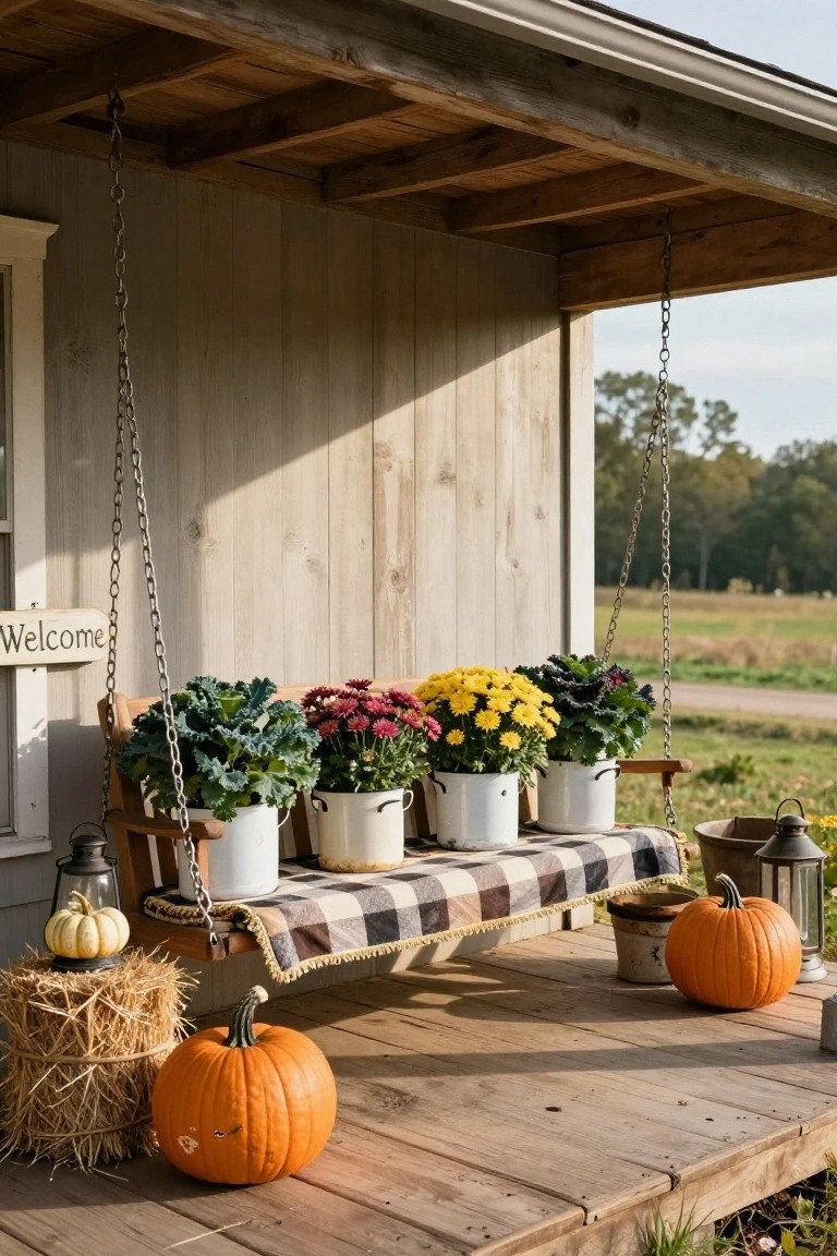 Hanging wooden porch swing on a front porch seat holding four white pots with mums and kale plants, plaid blanket, pumpkins, hay bales, and lanterns nearby.