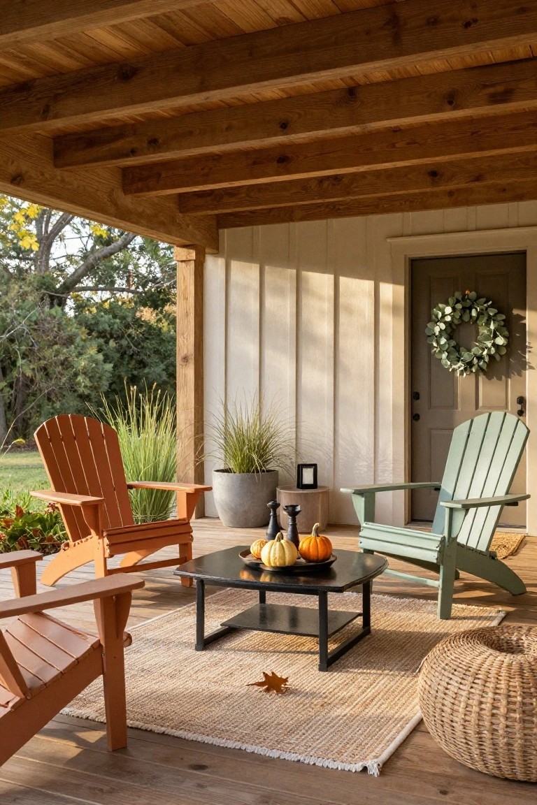 A covered front porch with orange and green Adirondack chairs arranged around a low black coffee table holding small pumpkins, potted grasses nearby, and a green door with eucalyptus wreath.