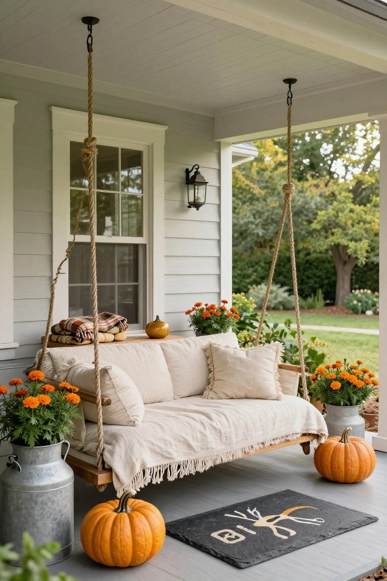 Gray shingled house front porch with a beige rope-suspended swing bed holding pillows and blankets, orange marigolds in galvanized buckets beside it, pumpkins on the deck, and trees in the yard.