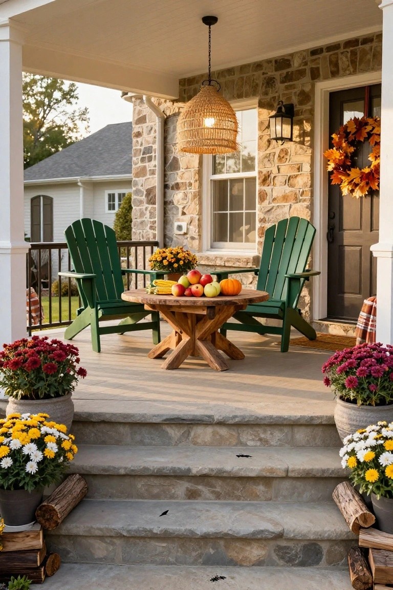 Stone front porch with green Adirondack chairs around a round wooden table topped with apples, pumpkins, and corn ears, potted mums on either side, logs stacked on steps, and an autumn wreath on the dark wood door.