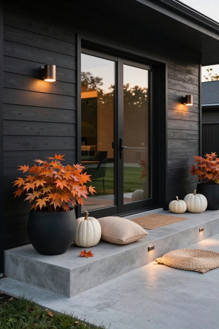 Black wood-clad modern house exterior featuring glass sliding doors on a concrete stoop, flanked by black pots of orange maple shrubs and white pumpkins, with beige pillows, seagrass mat, and wall-mounted lights.