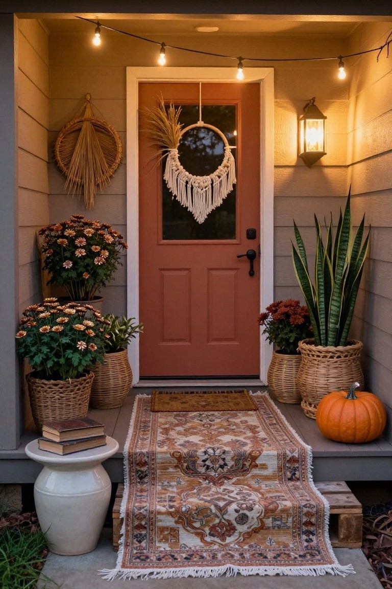 Front porch entrance with a red door featuring a white macrame wreath with wheat sheaf, flanked by potted orange chrysanthemums and snake plants in woven baskets, a small white pedestal table with stacked books, orange pumpkin, woven rug on steps, string lights, and wall lantern.