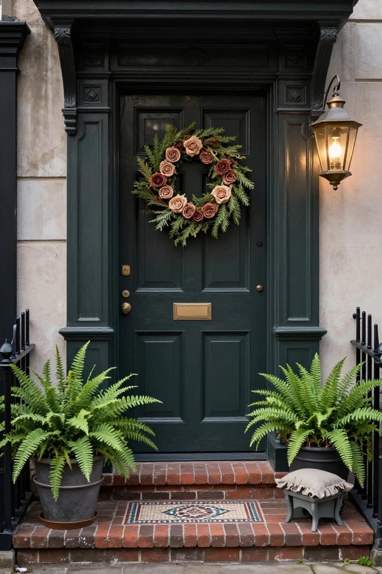 Dark green paneled front door with brass hardware and letterbox, decorated with a wreath of dried roses and evergreens, flanked by two potted ferns, a lit lantern, small stool, and tiled mat on brick steps beside black railing.
