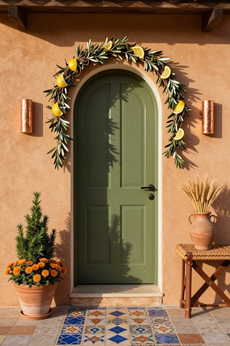 Green arched door on a peach stucco wall framed by an olive branch garland with lemons, flanked by copper wall lanterns, a potted cypress tree with marigolds, wheat bundles in a terracotta pot on a woven stool, and colorful tiled steps.