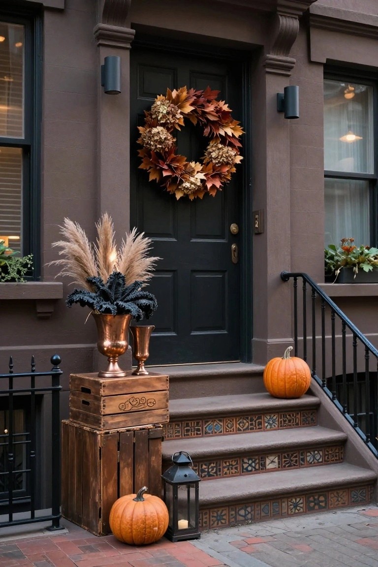 Dark front door on a brownstone stoop decorated for fall with a large hydrangea wreath, pampas grass and dark kale in copper urns on wooden crates, pumpkins on tiled steps, a lantern, and iron railing.
