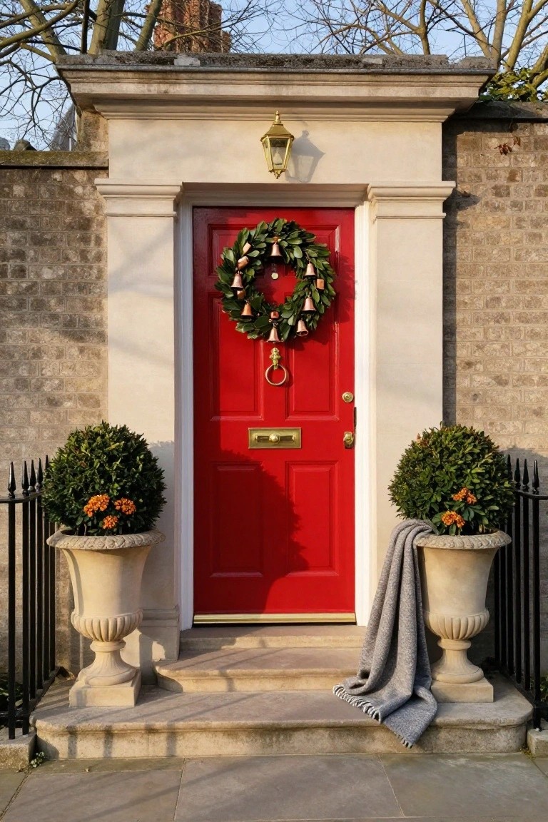 A bright red front door with a large evergreen wreath adorned with bells and berries, flanked by matching stone urns holding trimmed boxwood topiaries topped with orange flowers, a gray knit blanket draped over one urn, brass lantern light mounted above the door, and brick side walls with iron railings.