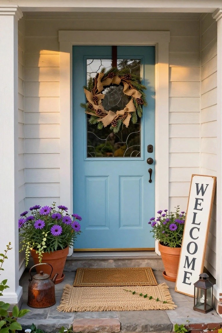 Light blue front door with stained glass window and brass knob, decorated with a large burlap wreath featuring pinecones and greens, flanked by terracotta pots of purple flowers, a vintage copper teapot planter, wooden Welcome sign, metal lantern, and seagrass doormat on a porch.