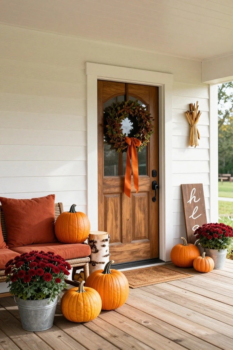 White clapboard house front porch with arched wooden door, autumn leaf wreath with orange ribbon, clusters of orange pumpkins of varying sizes, red mum plants in galvanized buckets, cushioned bench on wooden deck, wheat bundle, and wooden "hi" sign.
