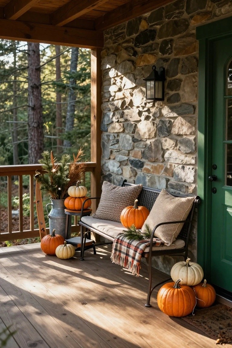 Wooden porch with stone walls and green door, featuring a black metal bench piled with beige and textured pillows, plaid blanket, small pumpkins on seat and floor, metal stand with milk can of flowers and branches, and clusters of orange and white pumpkins nearby, set against forest backdrop.